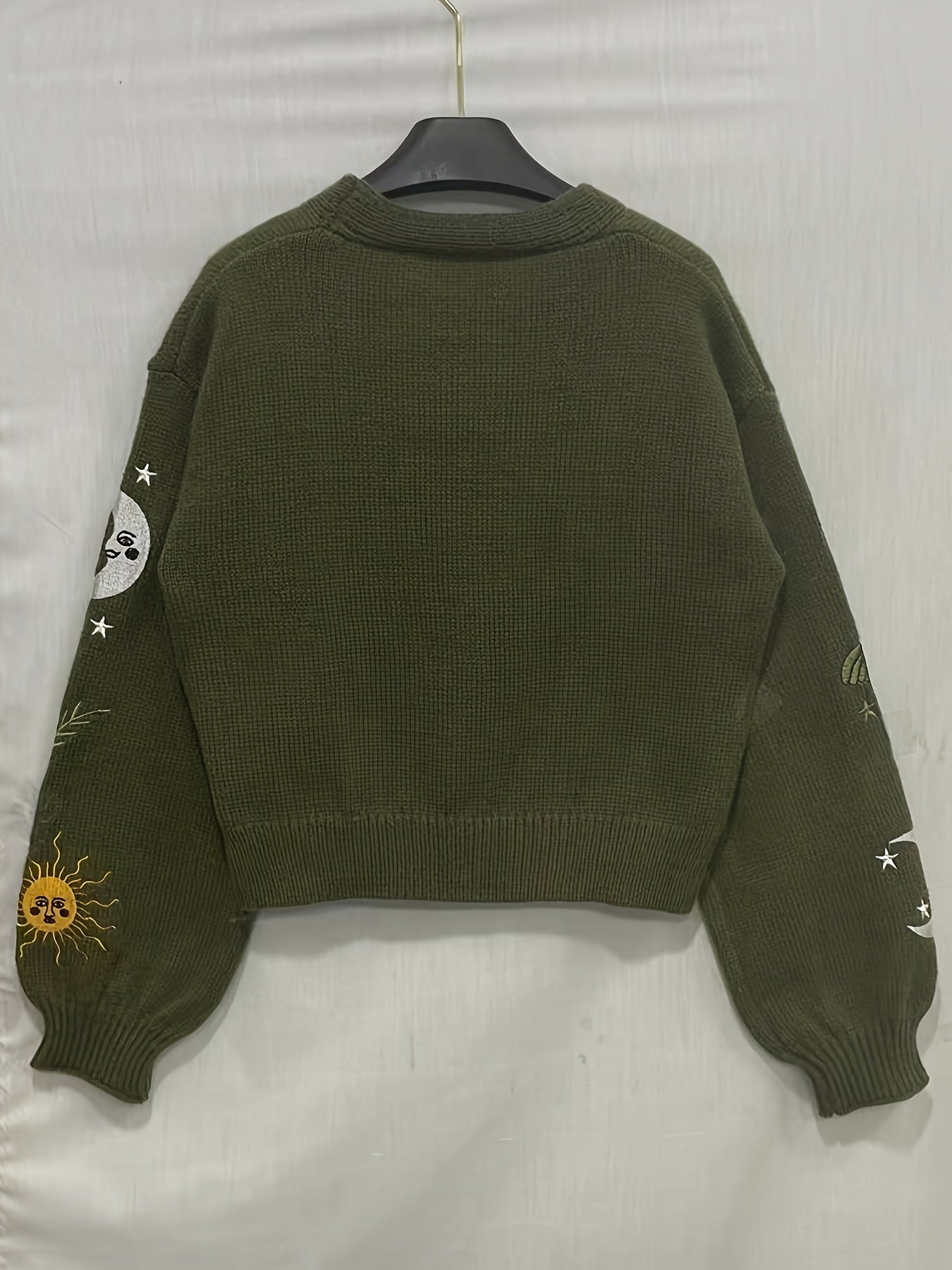 Cardigan court en maille pour femme, col en V, manches longues, motifs soleil et lune brodés
