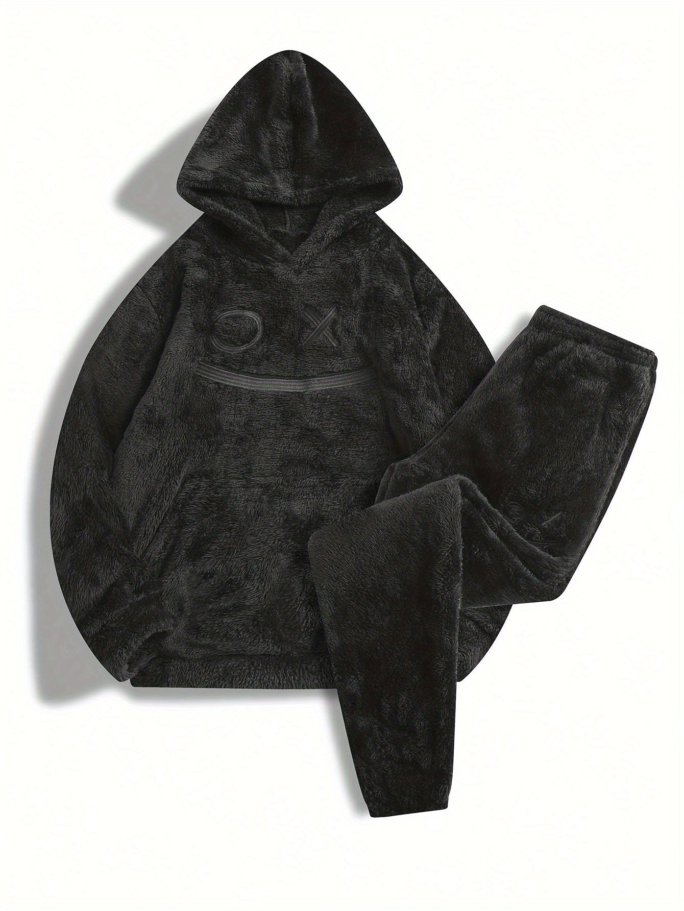 Ensemble Homme Doux Noir à Capuche et Pantalon Motif Géométrique Relief