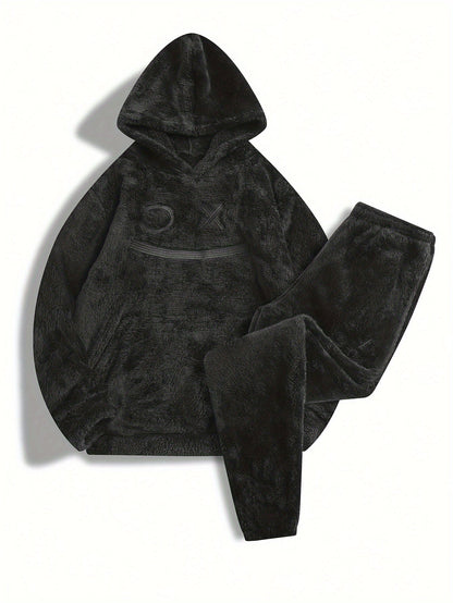 Ensemble Homme Doux Noir à Capuche et Pantalon Motif Géométrique Relief
