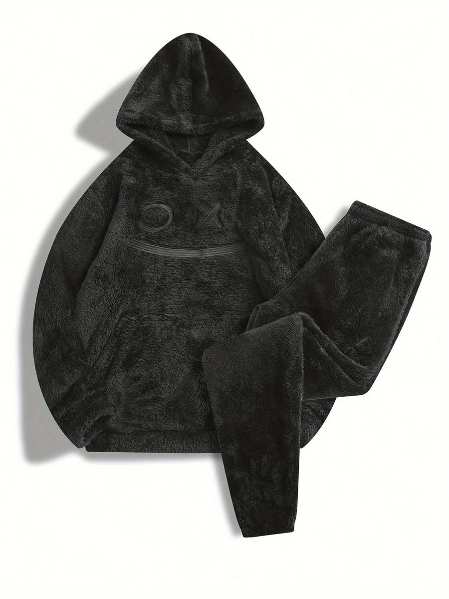 Ensemble Homme Doux Noir à Capuche et Pantalon Motif Géométrique Relief