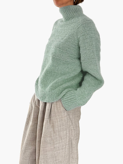 Maglione Donna Collo Alto Stile Elegante Lavorato a Maglia con Motivo a Righe per l'Inverno