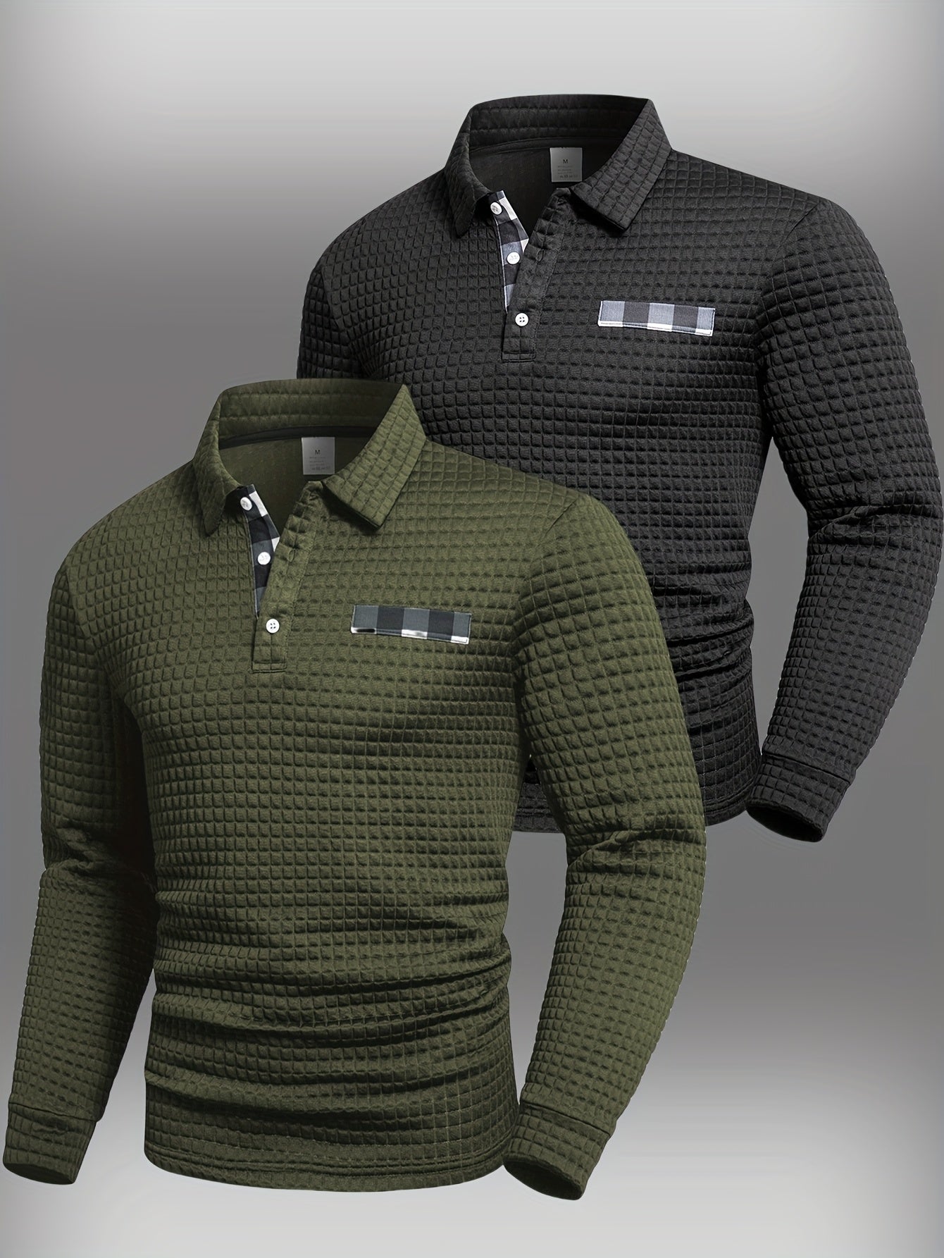 Polo homme à manches longues texturé quadrillé bicolore col chemise