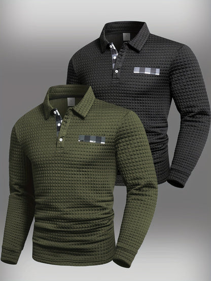 Polo homme à manches longues texturé quadrillé bicolore col chemise