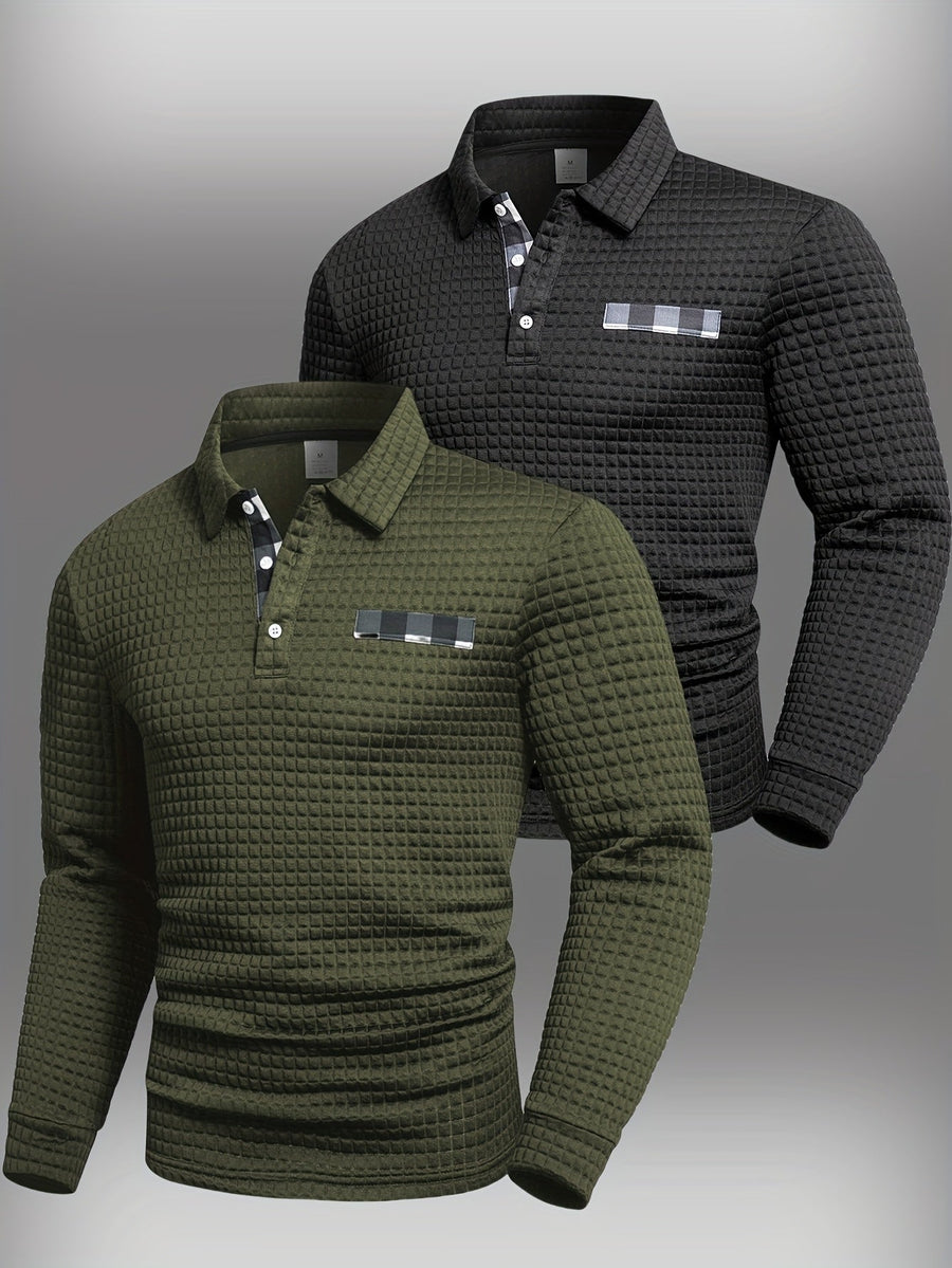 Polo da uomo a maniche lunghe, testurizzato a quadri bicolore, con colletto a camicia