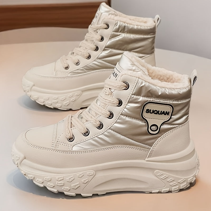 Bottes montantes femme fourrées crème brillantes lacets semelle épaisse