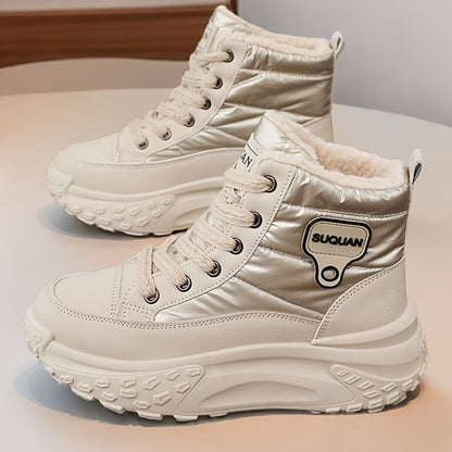 Bottes montantes femme fourrées crème brillantes lacets semelle épaisse