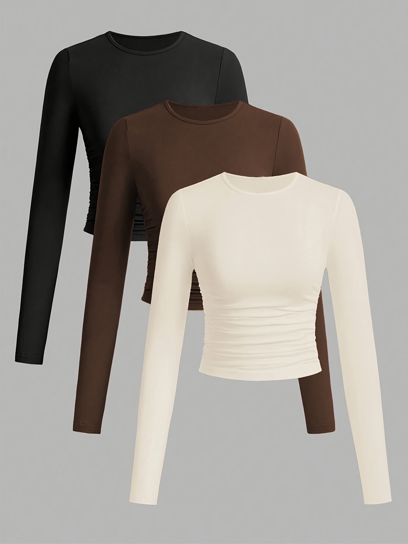 Lot de 3 Crop Tops Femme Manches Longues Col Rond Froncé