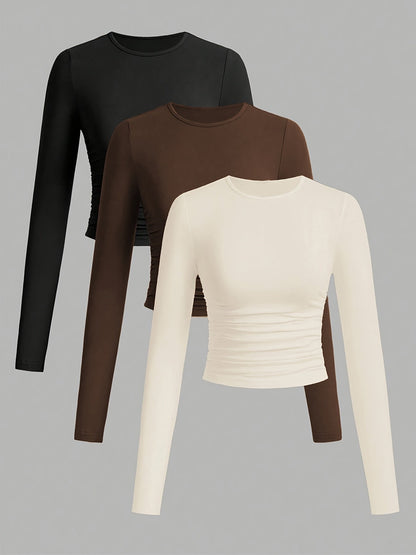 Lot de 3 Crop Tops Femme Manches Longues Col Rond Froncé