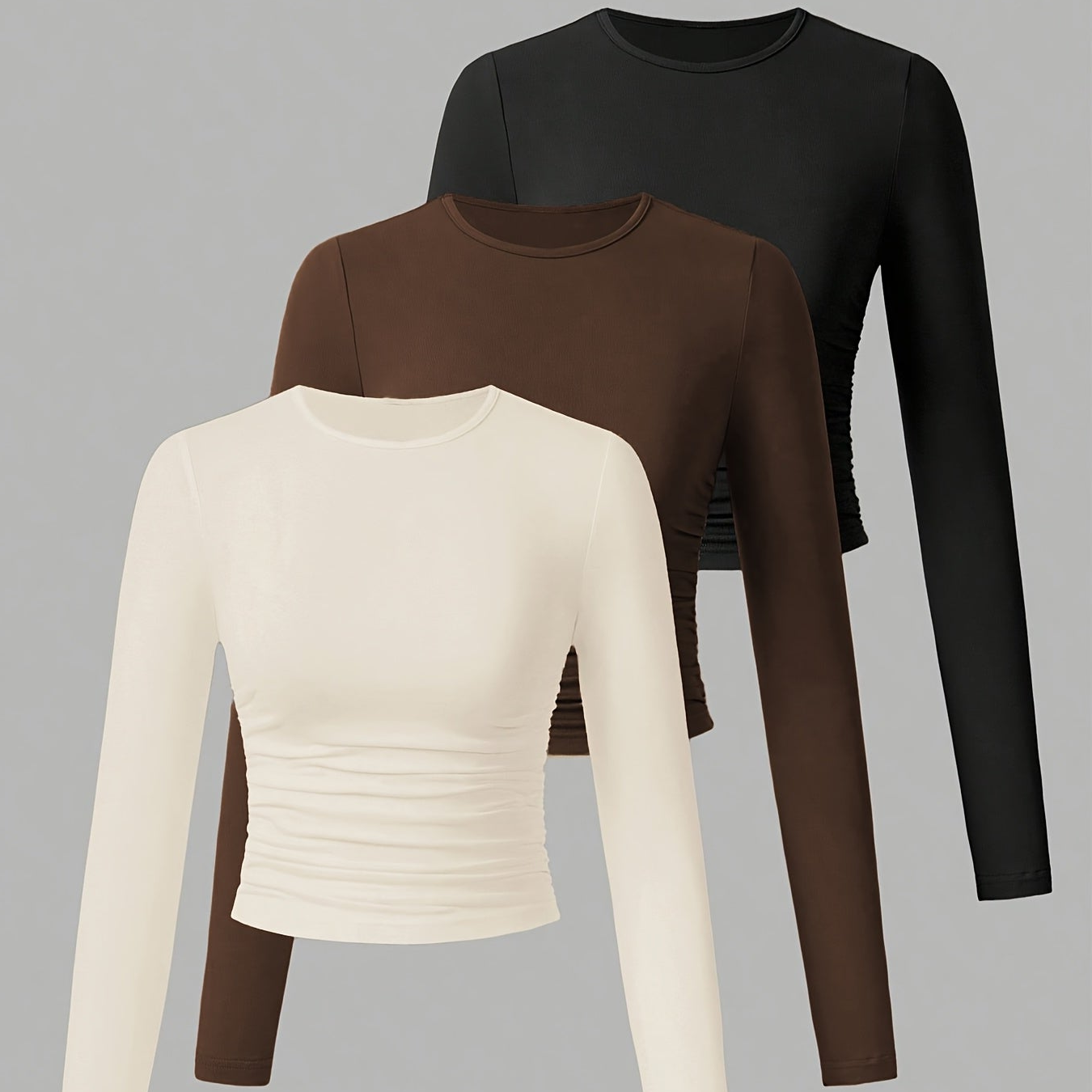 Lot de 3 Crop Tops Femme Manches Longues Col Rond Froncé