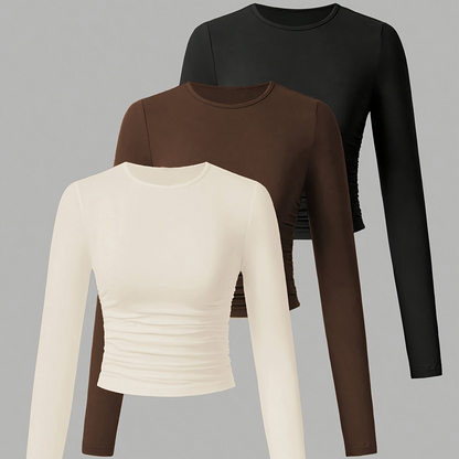 Lot de 3 Crop Tops Femme Manches Longues Col Rond Froncé