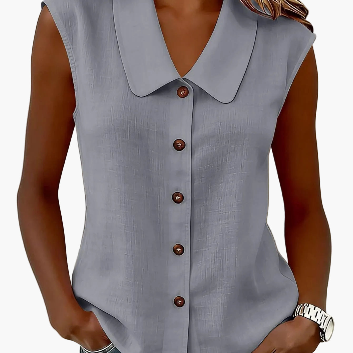 Chemisier sans manches à col Claudine pour femme, style décontracté chic, idéal pour le printemps et l'été