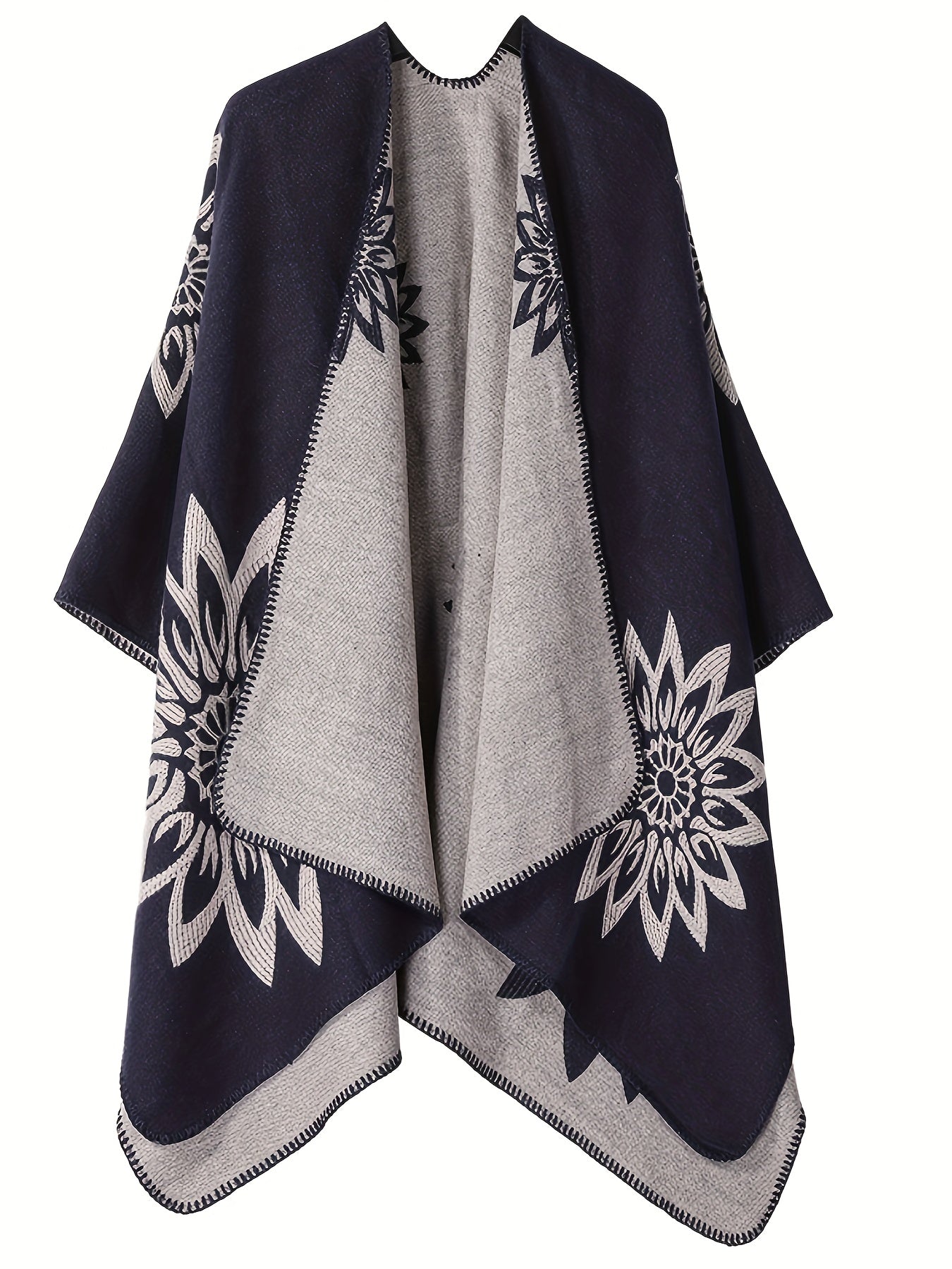 Poncho Réversible Femme Noir Motifs Floraux Blancs et Gris