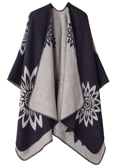 Poncho Réversible Femme Noir Motifs Floraux Blancs et Gris