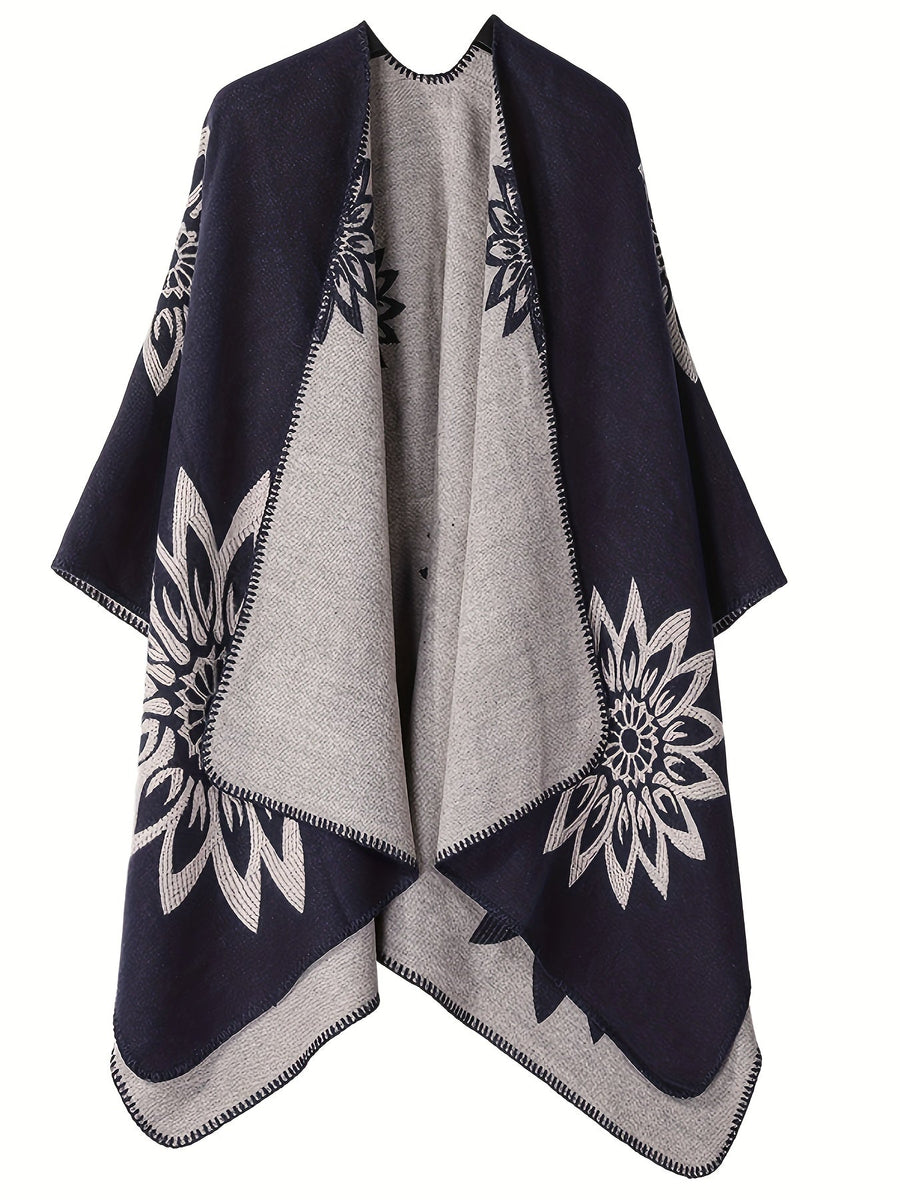 Poncho Réversible Femme Noir Motifs Floraux Blancs et Gris