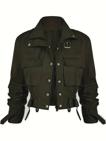 Veste Courte Cargo pour Femme à Boutons et Ceinture Boucle Couleur Unie