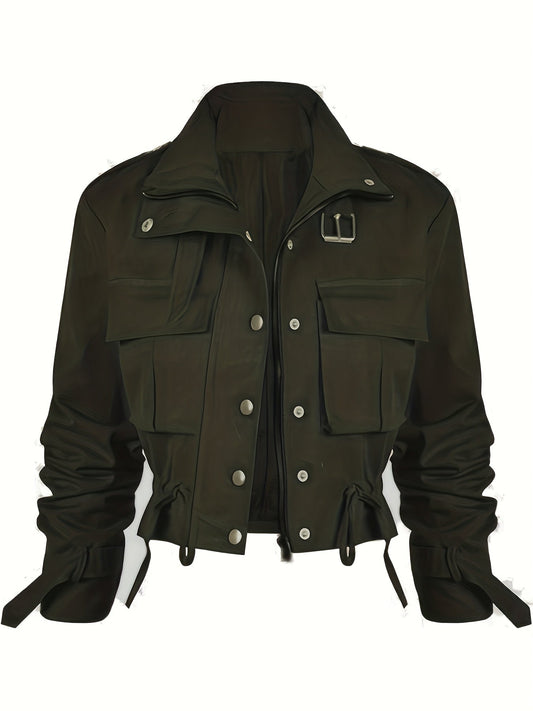 Veste Courte Cargo pour Femme à Boutons et Ceinture Boucle Couleur Unie