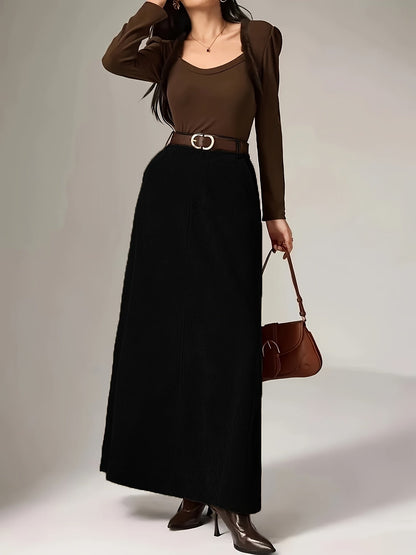 Jupe longue côtelée femme vert olive taille haute décontractée avec poches