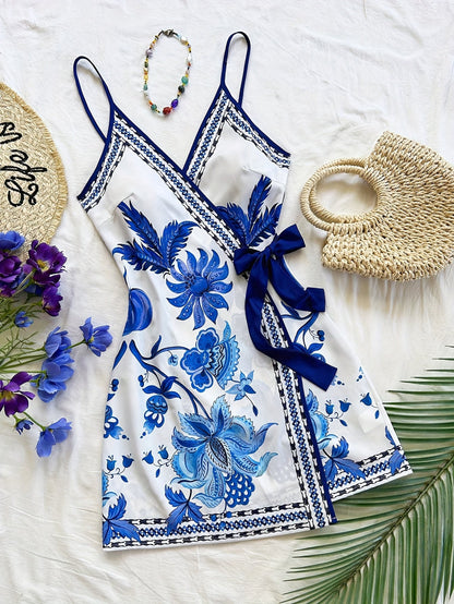 Abito portefeuille tropicale donna stile vacanze con stampa floreale e pappagallo