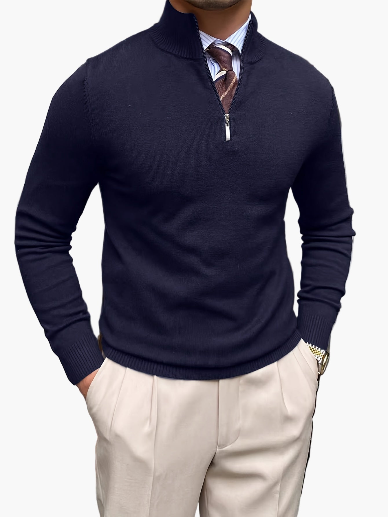 Pull homme col montant zippé style élégant pour affaires et loisirs