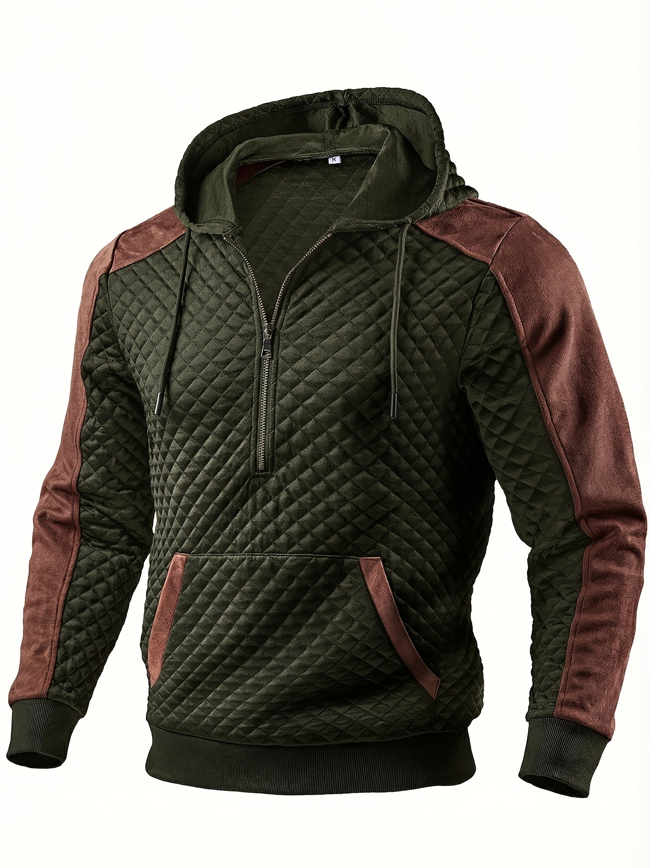 Sweat à Capuche Homme matelassé Noir Marron à Demi-Zip