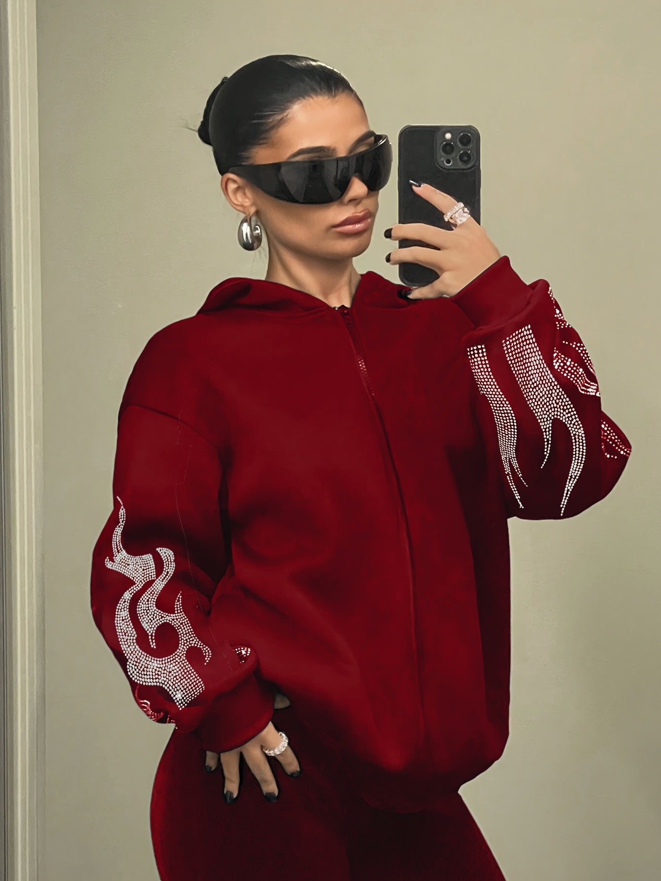 Sweat à Capuche Femme Décontracté Noir Flammé Strass Manches Longues
