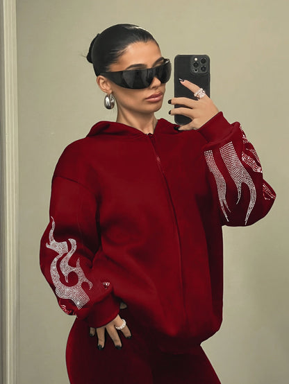 Sweat à Capuche Femme Décontracté Noir Flammé Strass Manches Longues