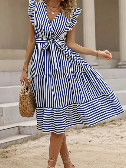 Robe portefeuille à rayures élégante sans manches pour femme – style estival chic