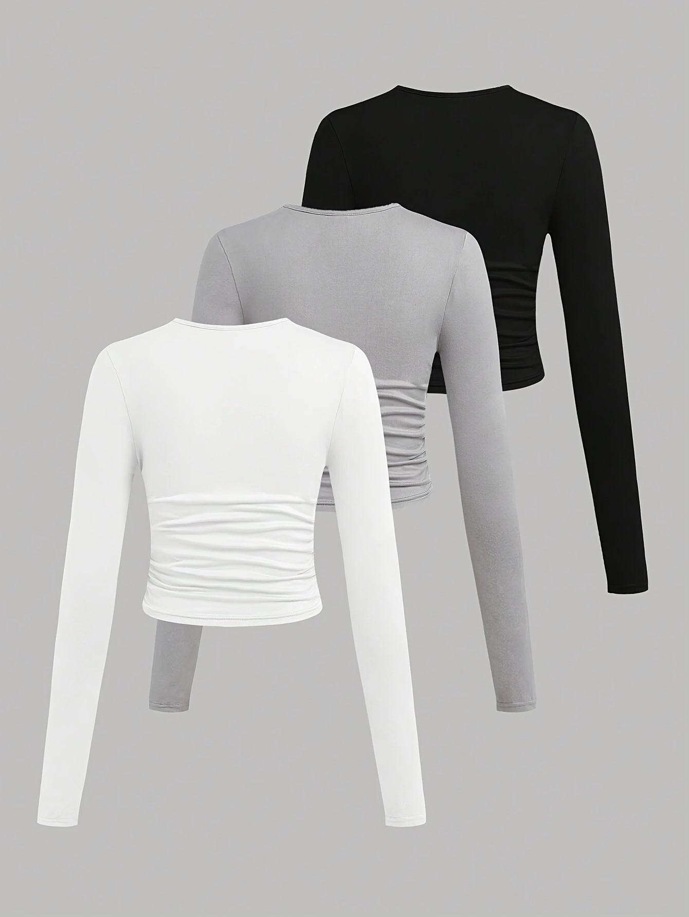 Lot de 3 Crop Tops Femme Manches Longues Col Rond Froncé