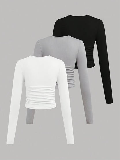Lot de 3 Crop Tops Femme Manches Longues Col Rond Froncé