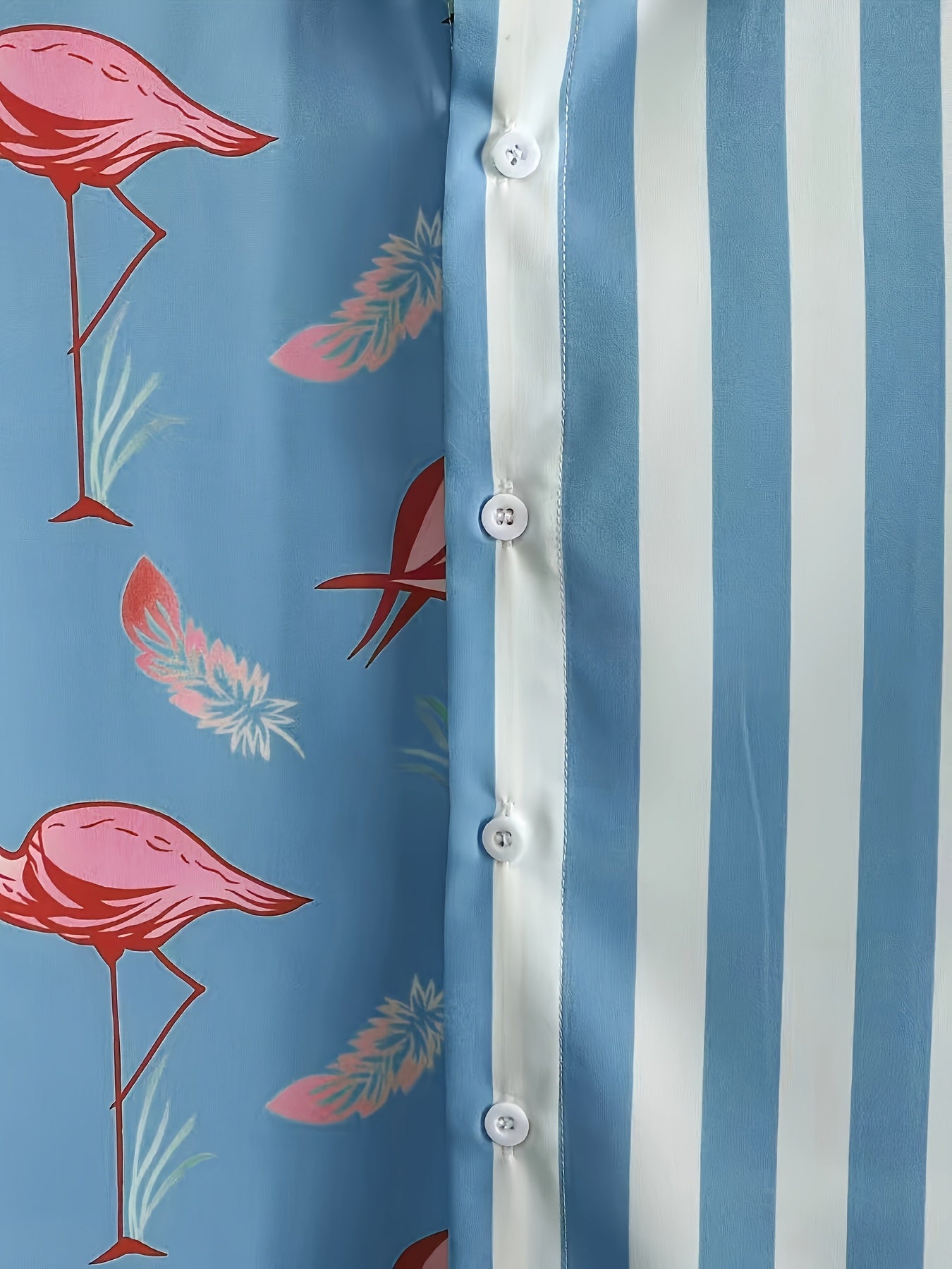 Completo casual uomo stile vacanze, motivo fenicotteri rosa e righe, ideale per estate e tempo libero