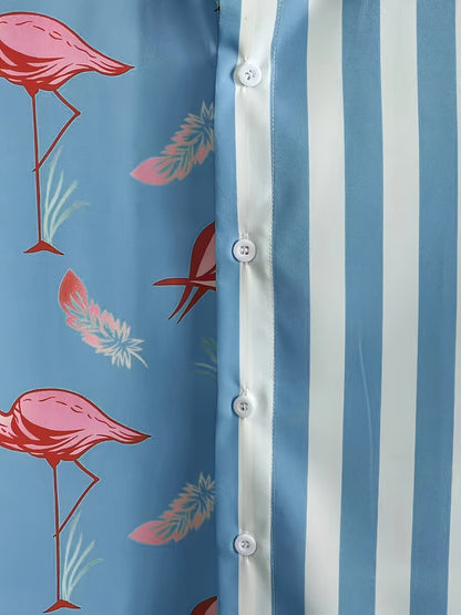 Completo casual uomo stile vacanze, motivo fenicotteri rosa e righe, ideale per estate e tempo libero