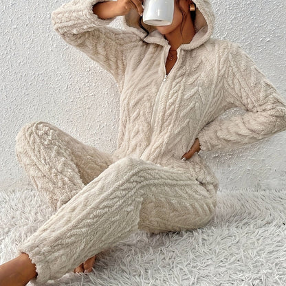 Grenouillère Femme Douce Motif Géométrique Ours Beige à Capuche avec Fermeture Éclair
