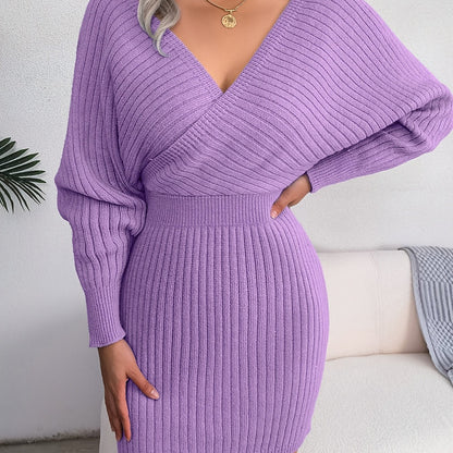 Robe pull côtelée femme décolleté V manches longues chauve-souris coupe ajustée