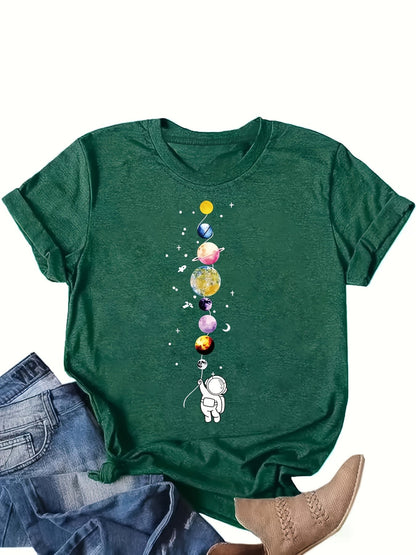 T-shirt donna stile casual con motivo astronauta e pianeti, ispirazione spazio, ideale per appassionate di scienza e moda urbana