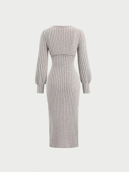 Ensemble Robe Midi Bretelles Fines & Boléro Court Manches Longues Maille Côtelée