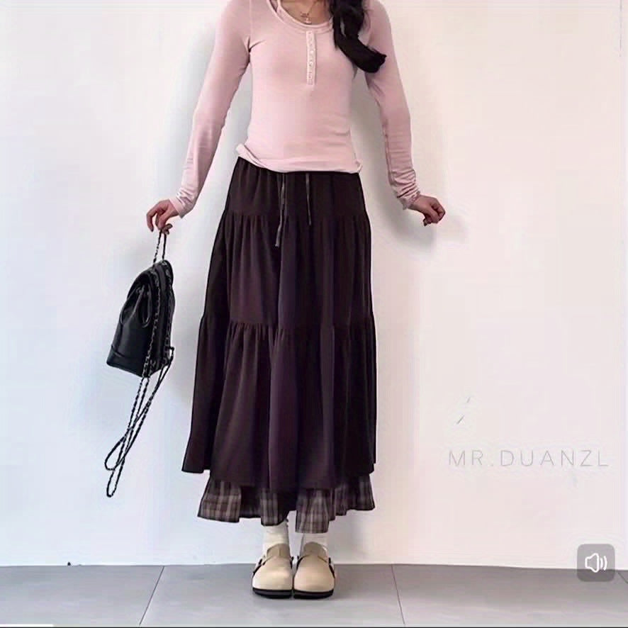 Jupe longue étagée femme avec doublure à carreaux et cordon de serrage
