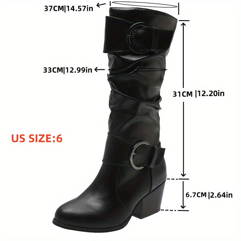 Bottes Femme Plissées Noires à Boucles et Talon Carré