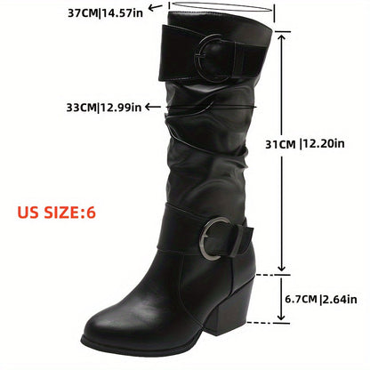 Bottes Femme Plissées Noires à Boucles et Talon Carré