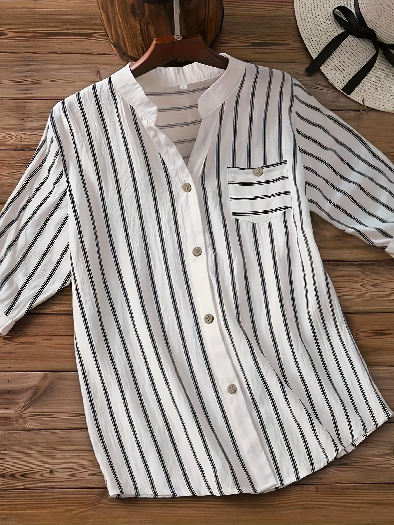 Chemise décontractée pour femme à manches courtes style boutonné col mao chic
