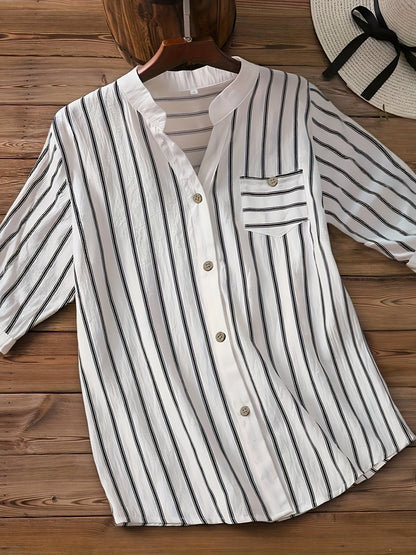 Chemise décontractée pour femme à manches courtes style boutonné col mao chic