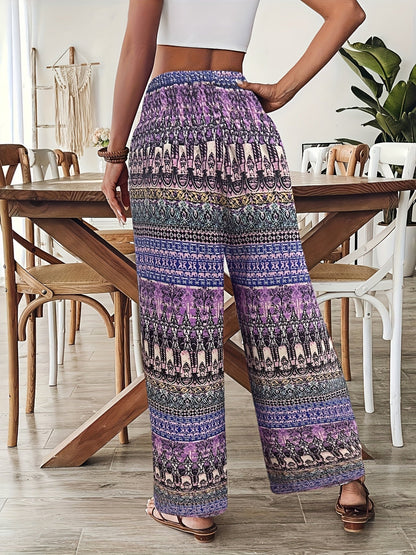 Pantaloni larghi stile bohémien da donna, stampa geometrica, vita elasticizzata, ideali per vacanze e estate