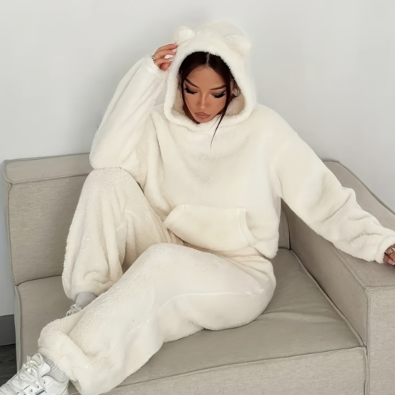 Ensemble d'intérieur Femme Doux à Capuche et Pantalon Large avec Oreilles