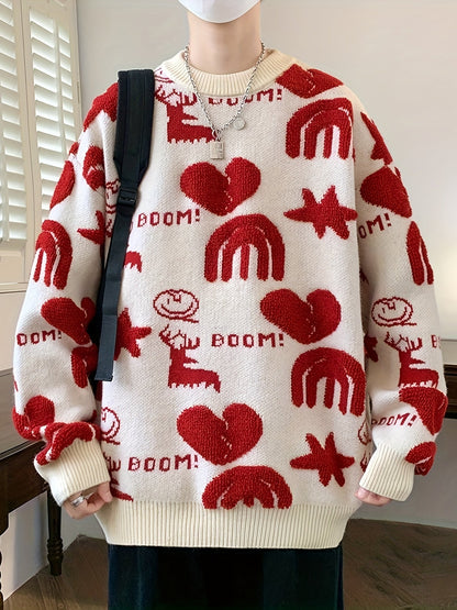 Pull tricoté col rond à motifs variés pour homme - Noir, Blanc ou Rouge