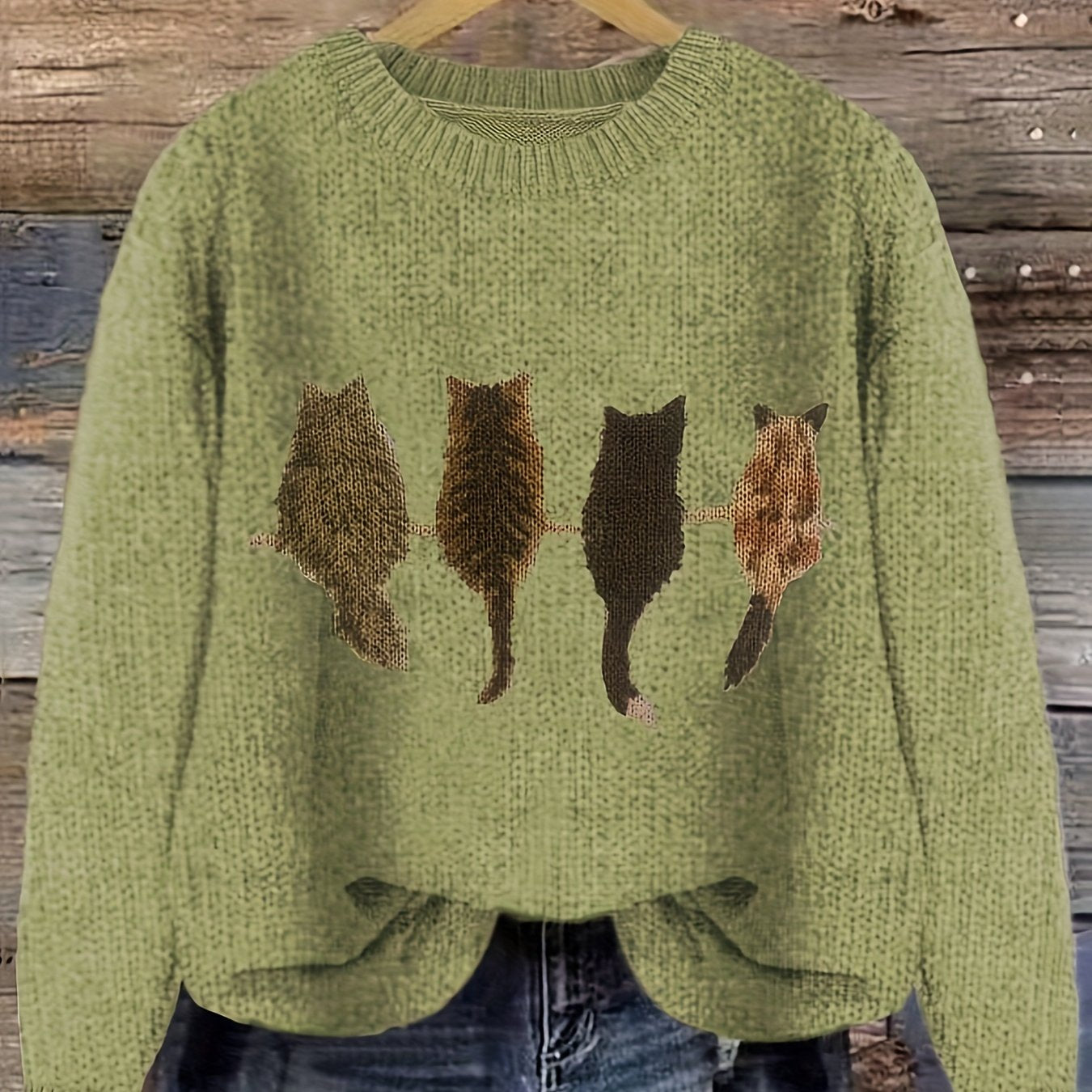 Pull en maille femme col rond à motif chats manches longues