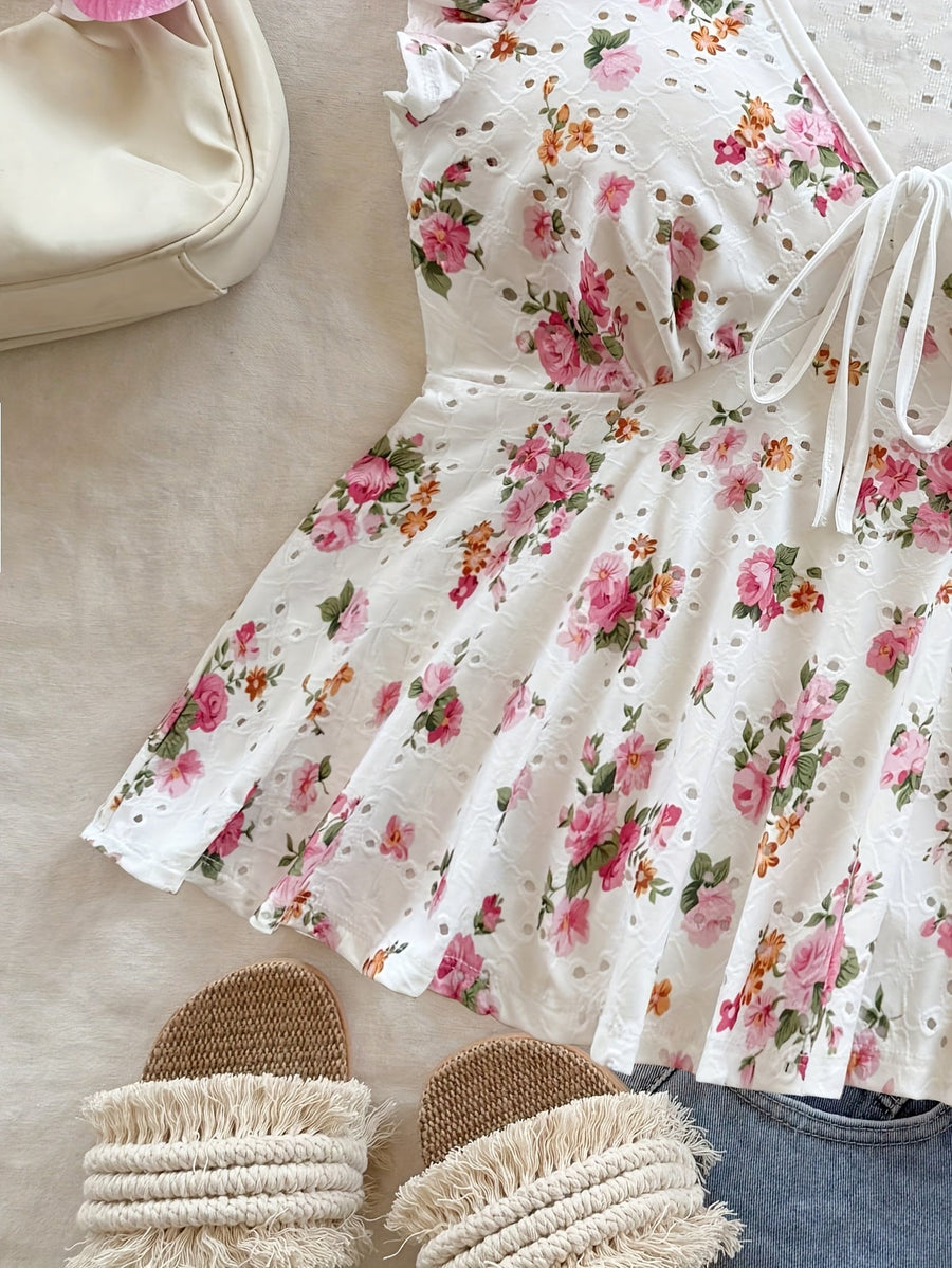 Blouse Femme Style Cottage Peplum à Imprimé Fleuri et Broderie Anglaise – Romantique, Manches Volants, Décolleté Noué