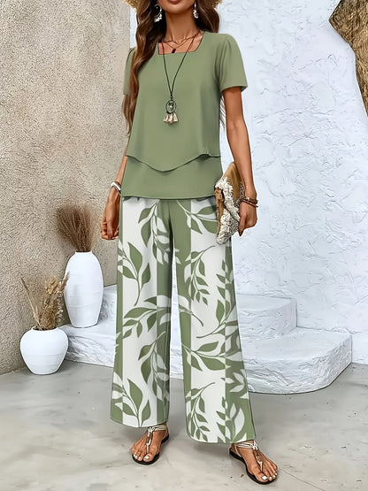 Ensemble élégant pour femme à manches courtes style décontracté chic avec pantalon large imprimé floral