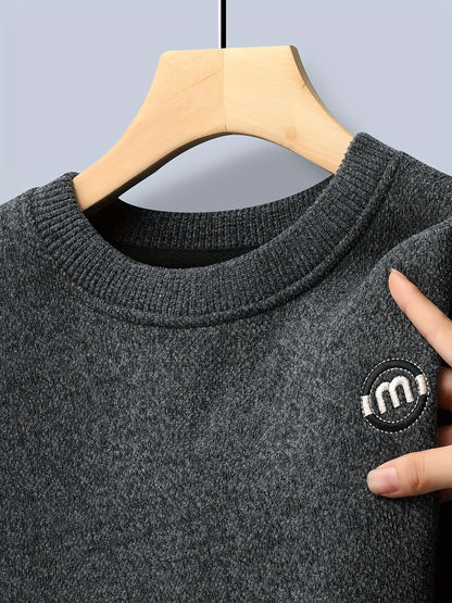 Sweat-shirt polaire homme à col rond, doublure chaude et côtelée, pull uni décontracté