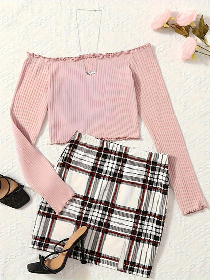 Conjunto de dos piezas para mujer estilo elegante falda a cuadros y top con hombros descubiertos para salidas primaverales y estivales