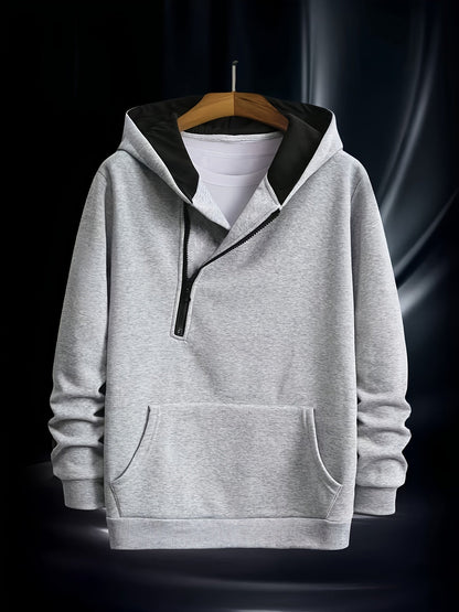 Sweat à Capuche Homme Zippé Asymétrique Couleur Unie avec Poche Kangourou