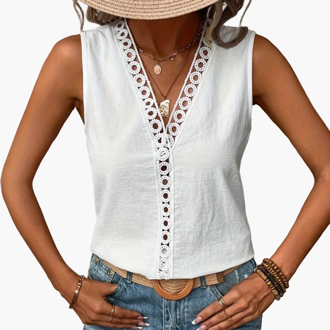 Top donna stile bohémien chic con pizzo, scollo a V, per l'estate